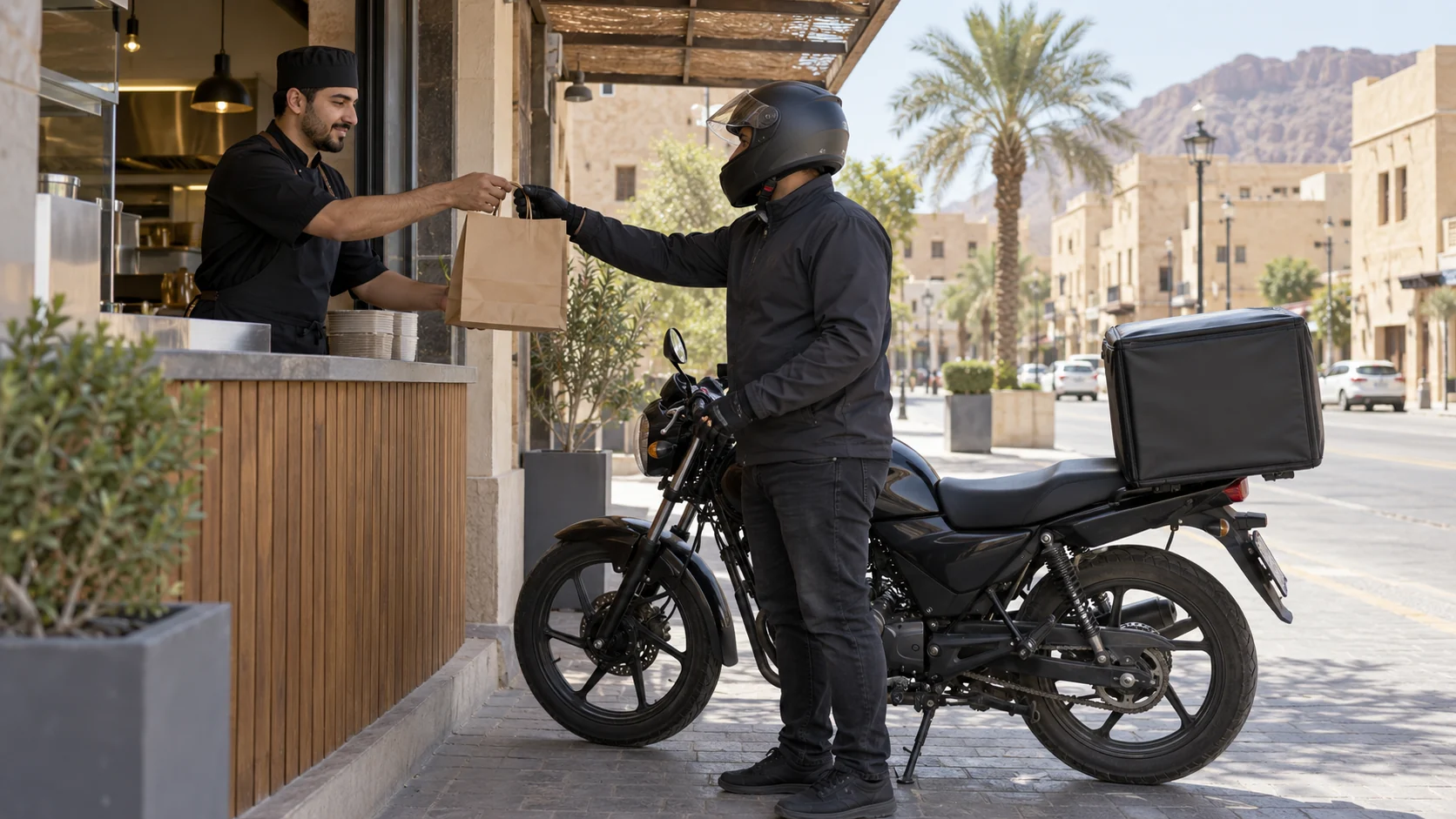 مشهد توضيحي لسائق توصيل يرتدي خوذة ويستلم كيساً ورقياً من مطعم افتراضي بجوار دراجة متوقفة بصندوق توصيل خلفي